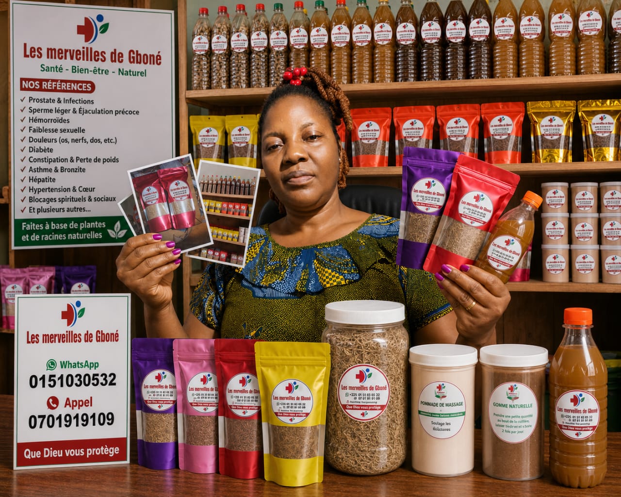 Responsable des Merveilles de Gboné présentant plusieurs produits naturels